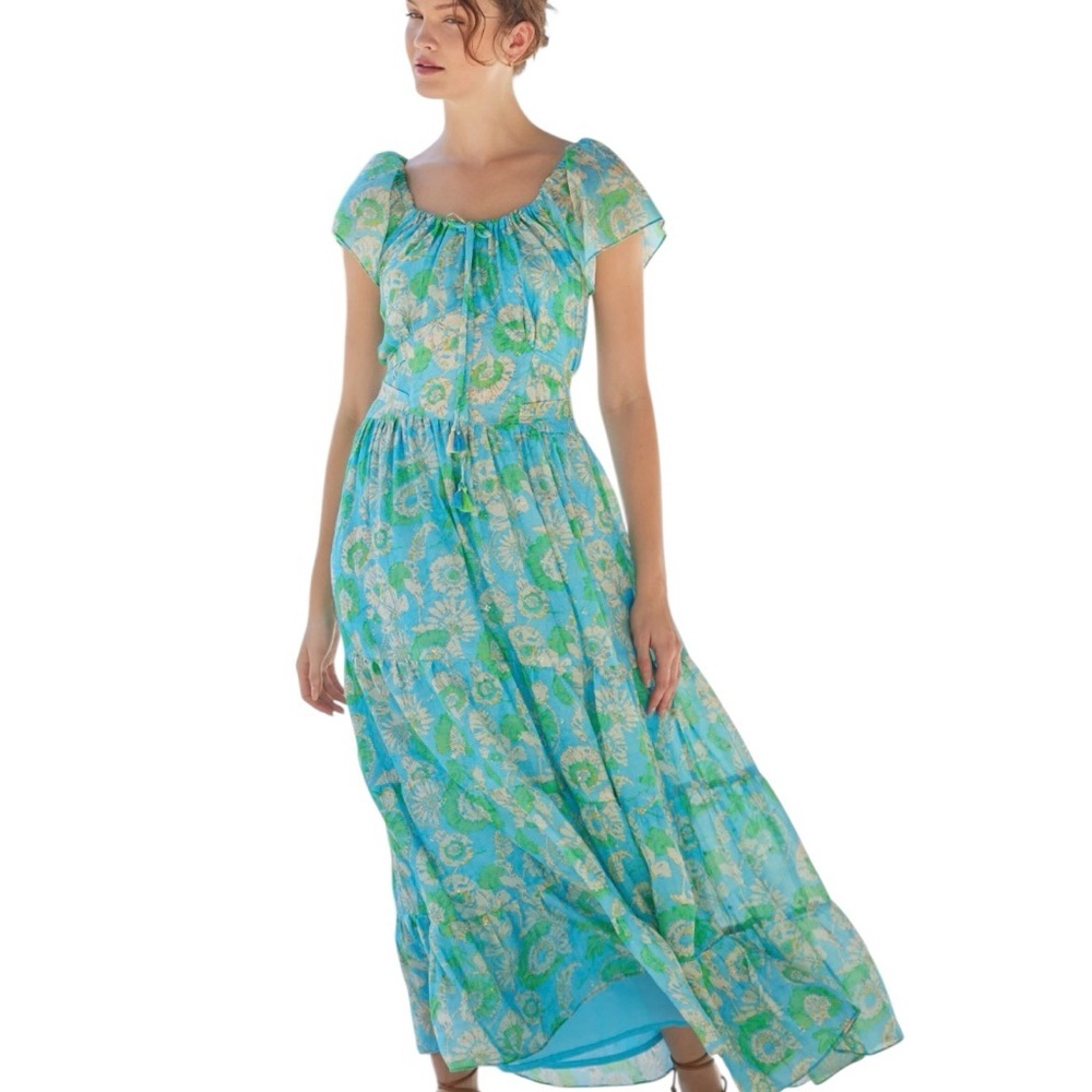 NWT Bella tu Nina Flutter-Sleeve Tie-Waist Maxi Dress Aqua Green Floral medium
